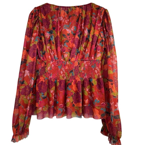 DR2 Daniel Rainn Mesh Floral Babydoll Top Sz. XS Orange Red Peplum Smocked Y2K - Picture 5 of 12